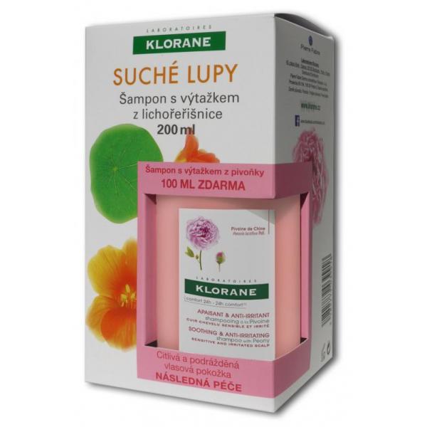 Klorane Šampón s výťažkom z kapucínky na suché lupiny 200ml + šampón s výťažkom z pivónie 100ml